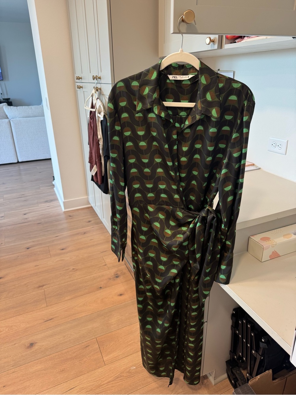 Zara Green and Black Geometric Wrap Shirt Dress